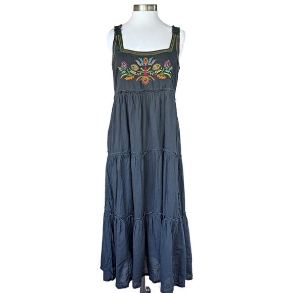 NATURAL LIFE Gray Adele Embroidered Cotton Midi Maxi Dress size Small Boho - Picture 2 of 11